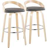 Grotto 30" Swivel Bar Stool in Natural Wood & Grey Leatherette with Chrome Footrest (Set of 2)